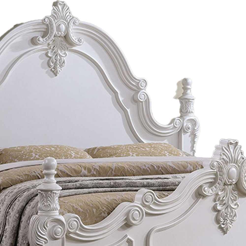 Frank Queen Size Bed Carved Details Finial Posts Classic White Solid Wood By Casagear Home BM319572