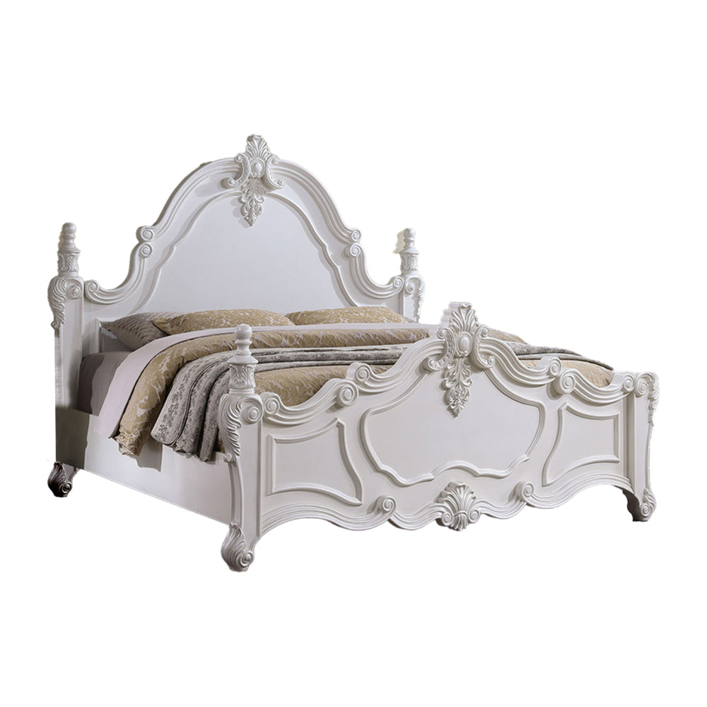 Frank Queen Size Bed, Carved Details Finial Posts, Classic White Solid Wood By Casagear Home