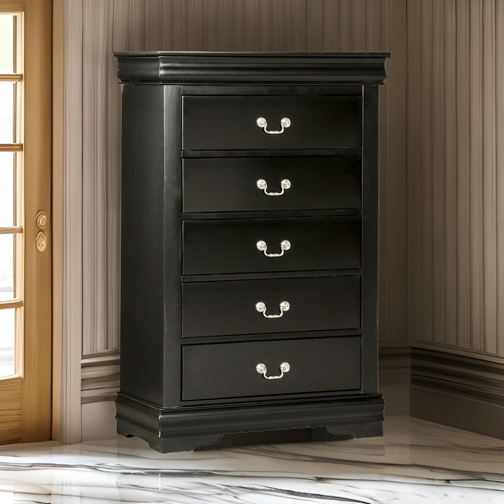 Ryla Tall Dresser Chest 5 Drawers Nickel Metal Handles Black Solid Wood By Casagear Home BM319573