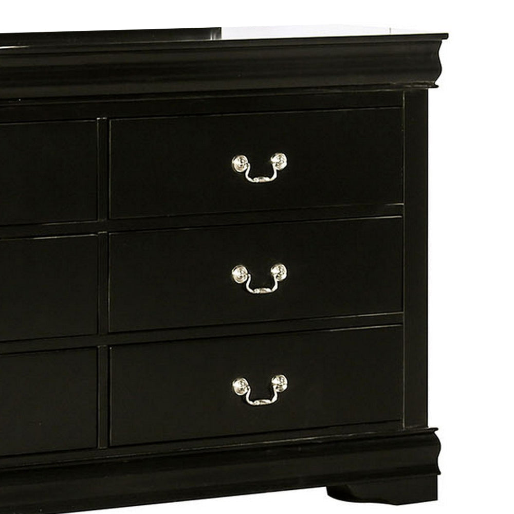 Ryla Wide Dresser 6 Drawers Nickel Metal Handles Black Solid Wood By Casagear Home BM319574