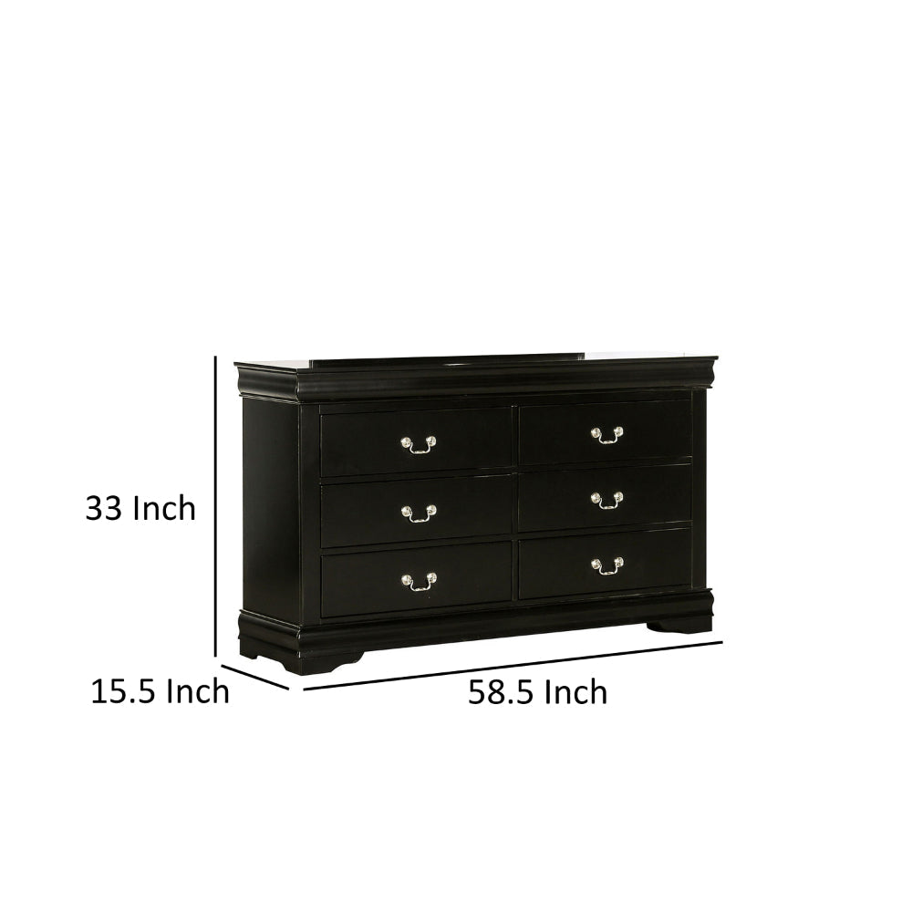 Ryla Wide Dresser 6 Drawers Nickel Metal Handles Black Solid Wood By Casagear Home BM319574