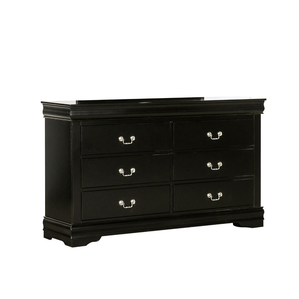 Ryla Wide Dresser, 6 Drawers, Nickel Metal Handles, Black Solid Wood By Casagear Home