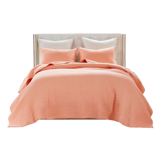 3pc Full Queen Quilt and Pillow Sham Set, Channel Design, Coral Cotton By Casagear Home