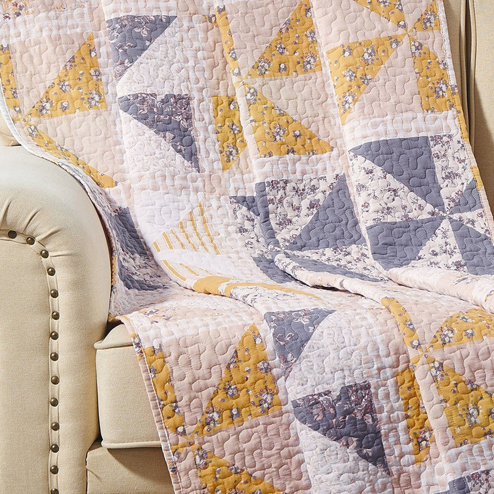 Jey 50 x 60 Quilted Throw Blanket Patchwork Pinwheel Peach Blue Cotton By Casagear Home BM319656