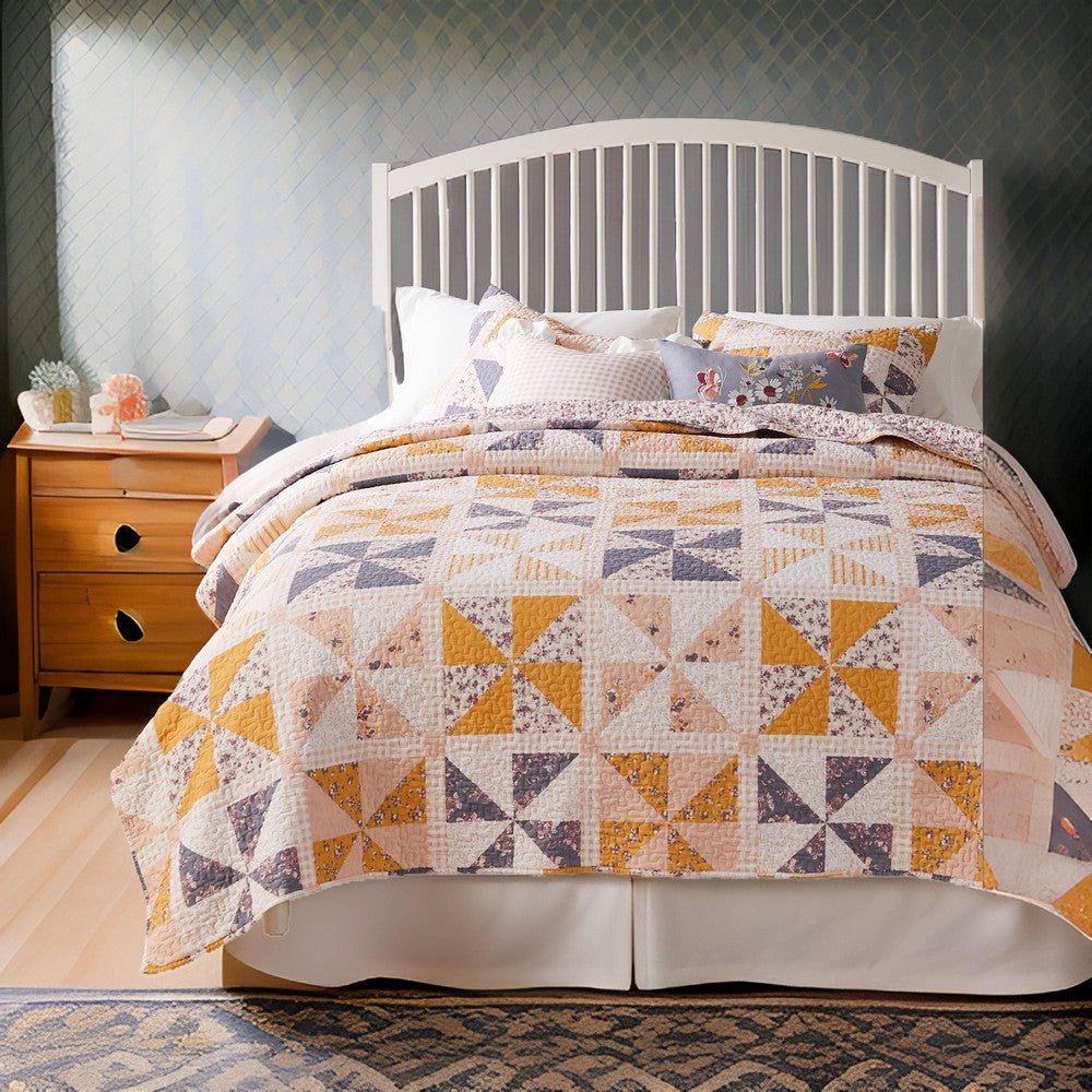 Jey 3pc Full Queen Quilt and Pillow Sham Set Patchwork Pinwheel Peach By Casagear Home BM319658