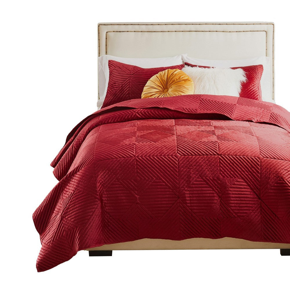 Ahab 3pc King Size Quilt and Pillow Sham Set, Dutch Velvet Face, Red By Casagear Home