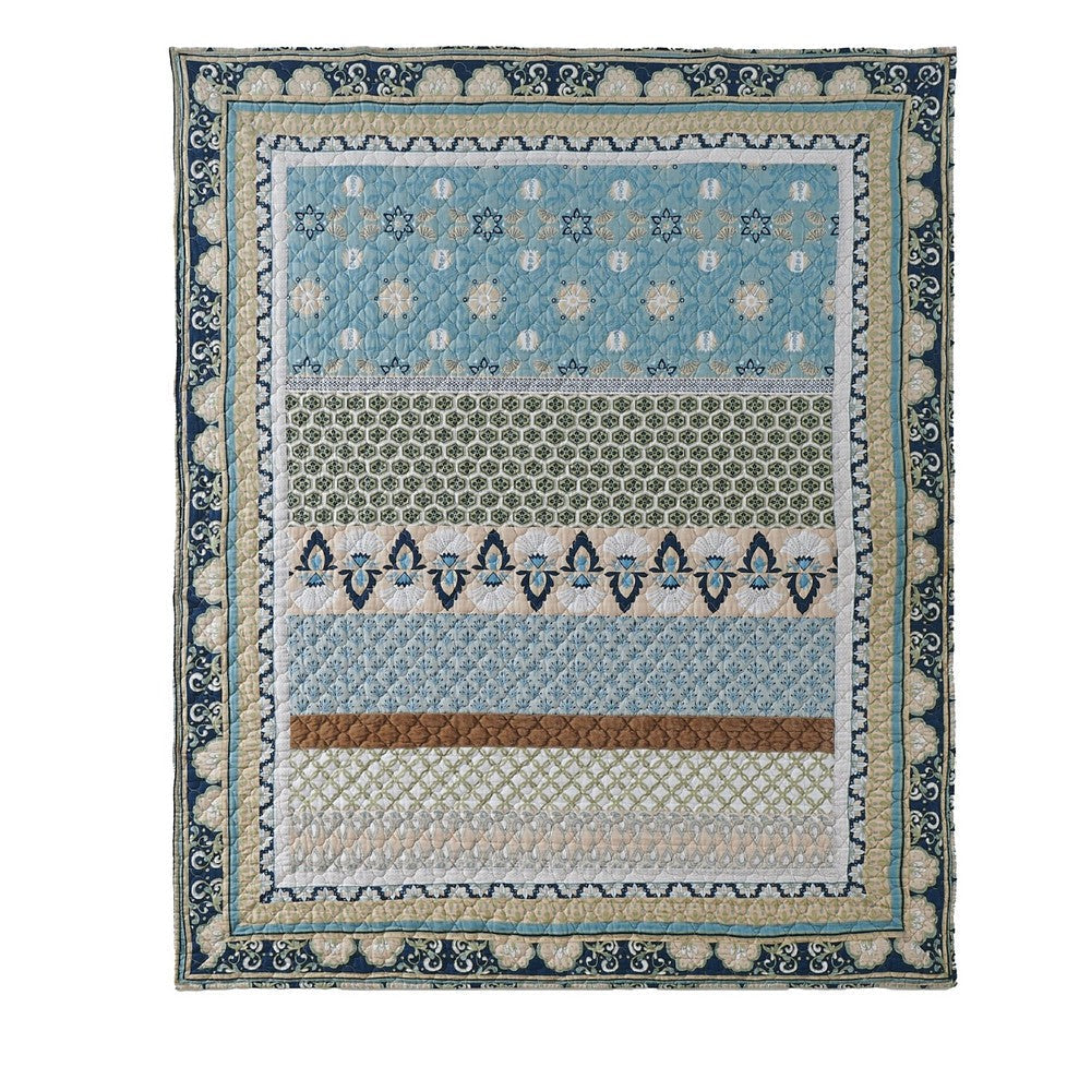 Ello 50 x 60 Inch Quilted Throw Blanket Bohemian Print Multicolor Blue By Casagear Home BM319668