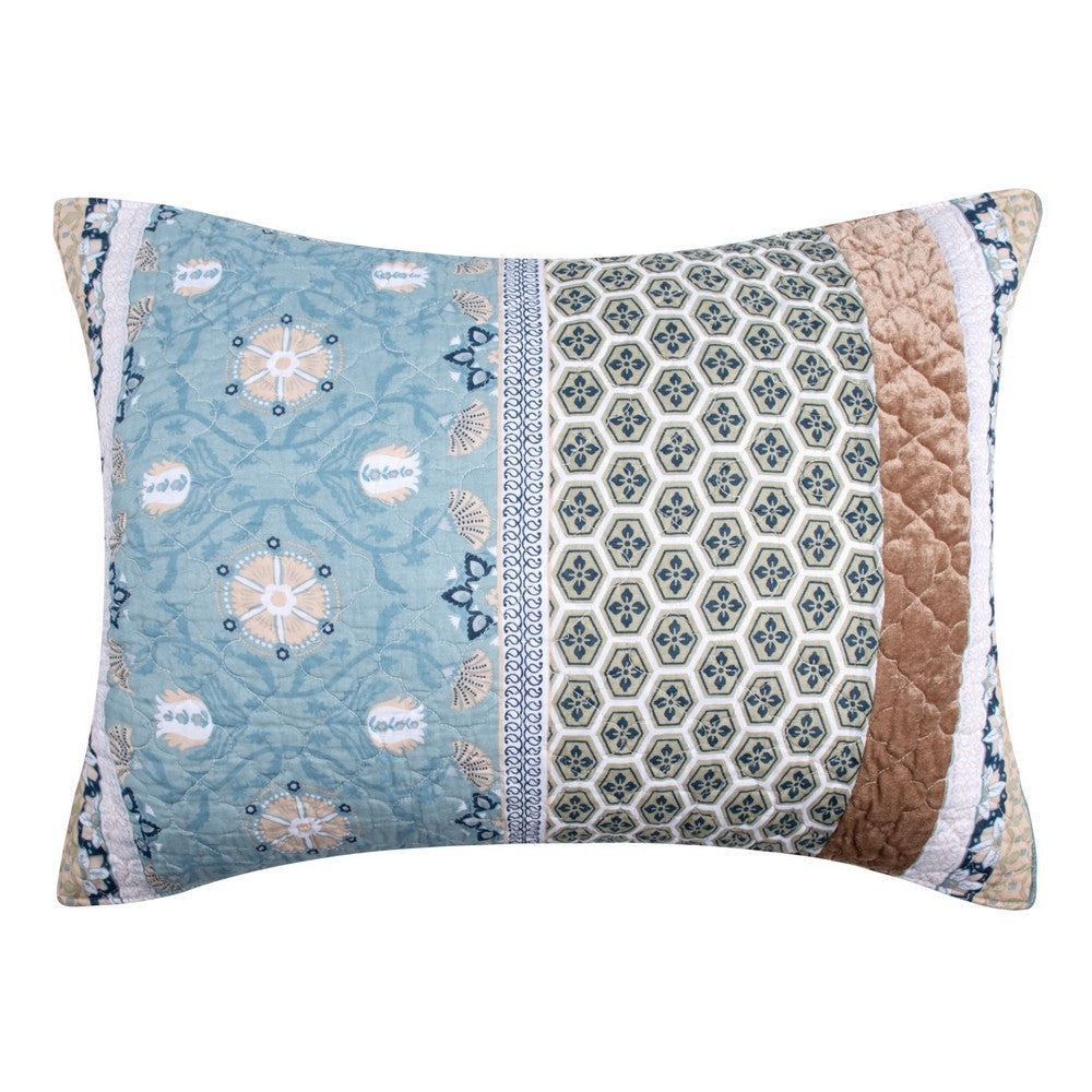 Ello 36 Inch Quilted King Size Pillow Sham Bohemian Print Blue and White By Casagear Home BM319674