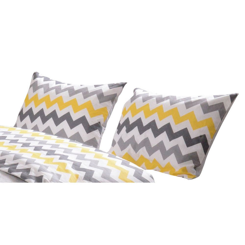 36 Inch Quilted King Pillow Sham, Chevron Geometric Print, Yellow, Gray By Casagear Home