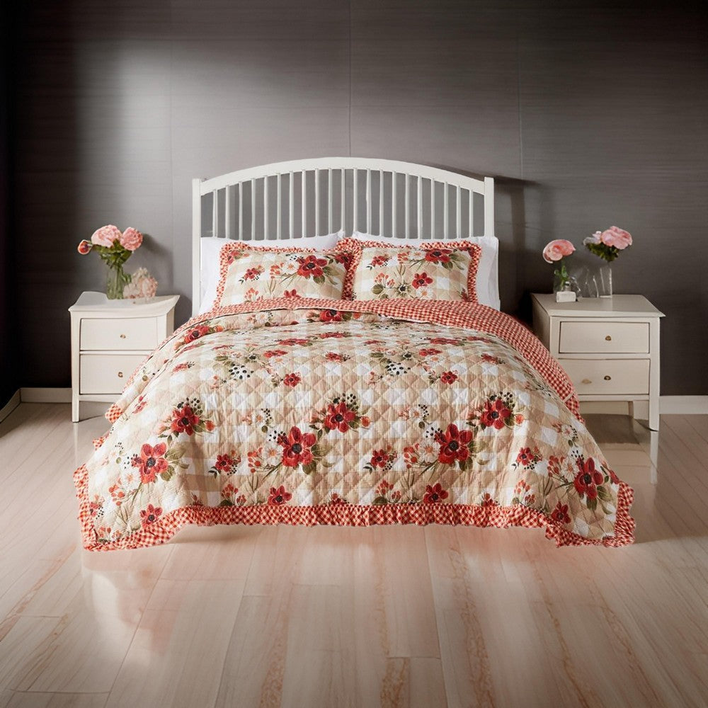 Lire 3pc Full to Queen Quilt and Pillow Sham Set Windflowers Red White By Casagear Home BM319685