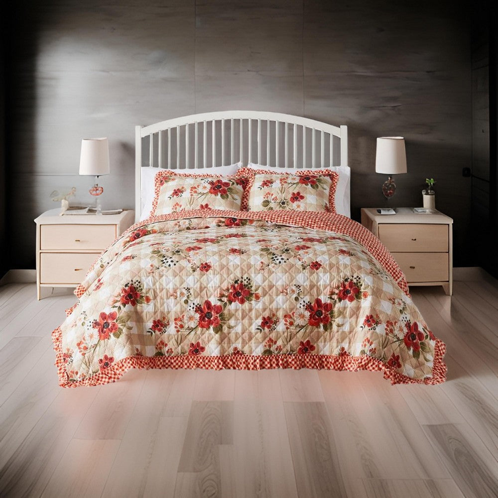 Lire 3pc King Quilt and Pillow Sham Set Windflowers Print Red White By Casagear Home BM319686