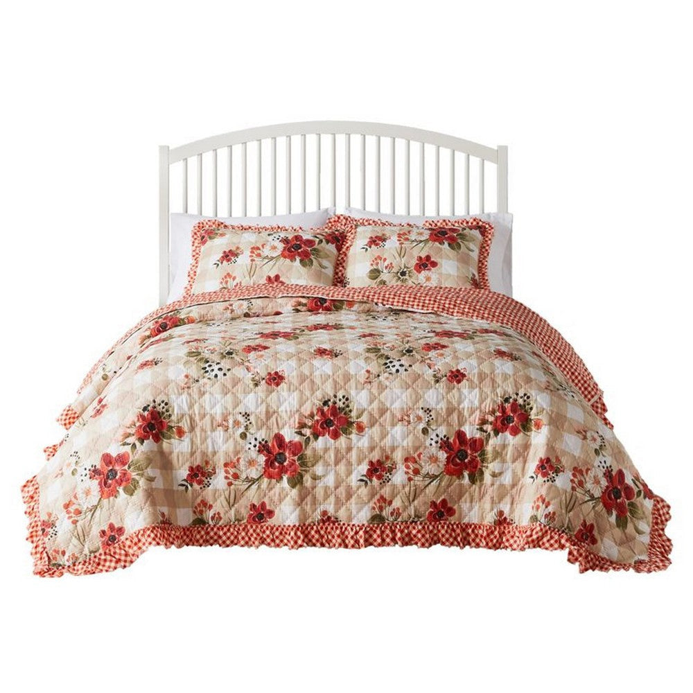 Lire 3pc King Quilt and Pillow Sham Set, Windflowers Print, Red, White By Casagear Home