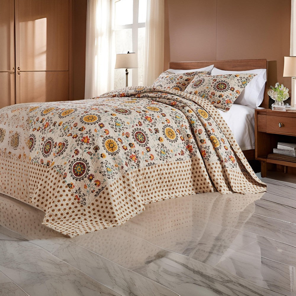 Dorra 3pc Queen Bedspread Set 2 Shams Floral Crest Beige Yellow Cotton By Casagear Home BM319689