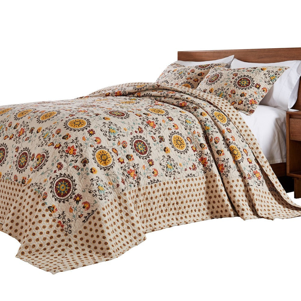 Dorra 3pc Queen Bedspread Set, 2 Shams, Floral Crest, Beige Yellow Cotton By Casagear Home