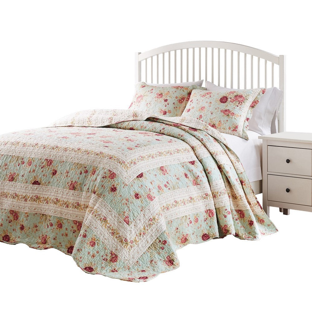 Rosle 3pc King Bedspread Set 2 Shams Reversible Rose Print Blue Cotton By Casagear Home BM319690