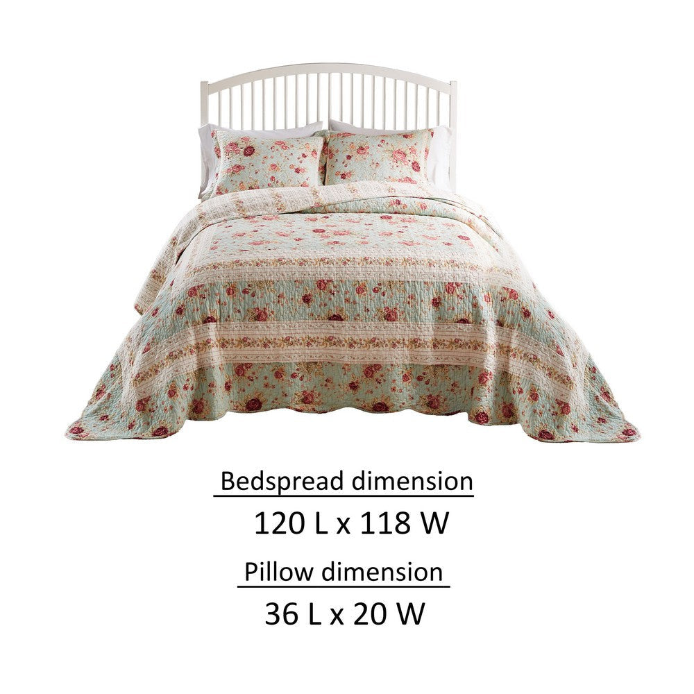 Rosle 3pc King Bedspread Set 2 Shams Reversible Rose Print Blue Cotton By Casagear Home BM319690