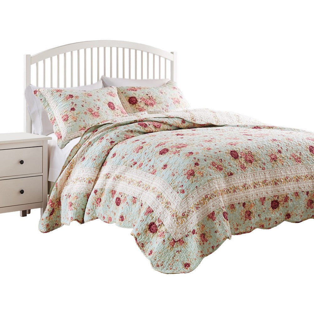 Rosle 3pc Full/Queen Size Bedspread Set, 2 Shams, Rose Print, Blue Cotton By Casagear Home