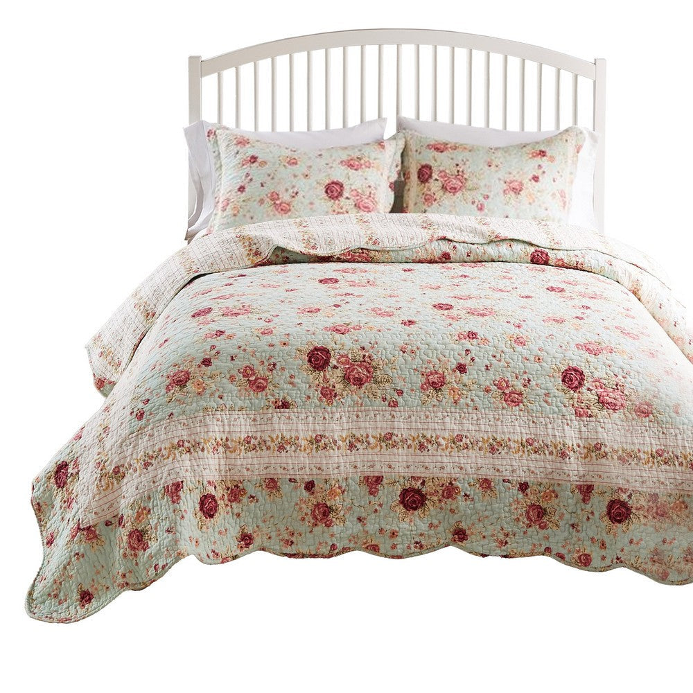 Rosle 3pc King Size Bedspread Set 2 Shams Rose Print Soft Blue Cotton By Casagear Home BM319693