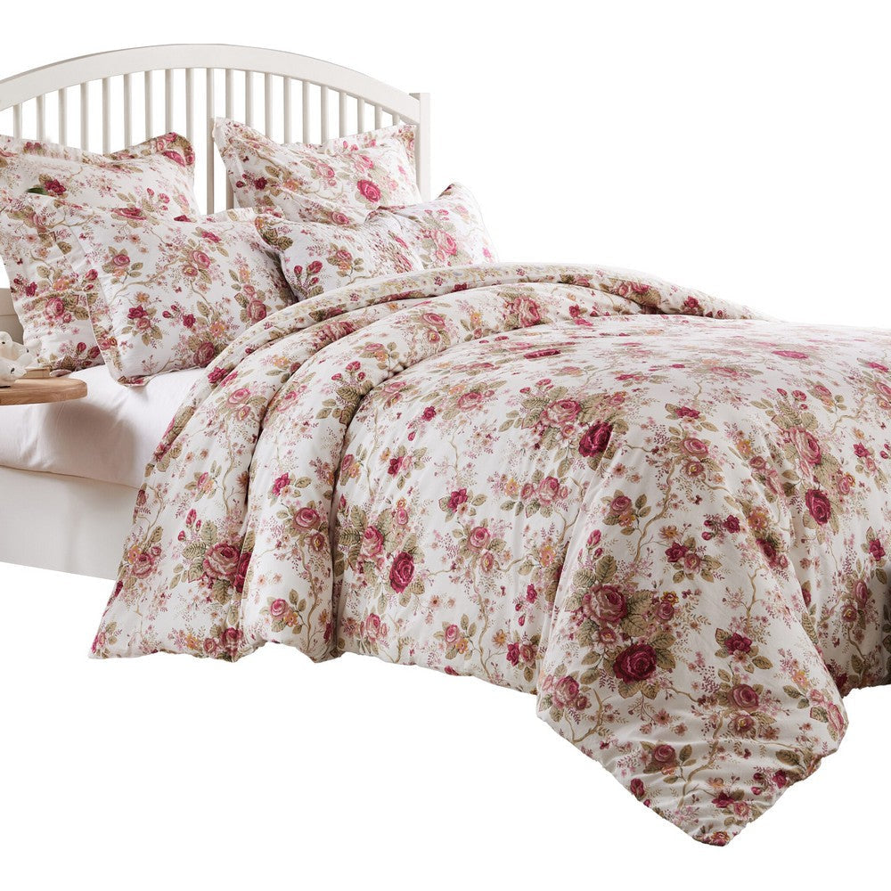 Rosle 3pc King Duvet Cover Set with 2 Shams Ivory and Red Floral Cotton By Casagear Home BM319699