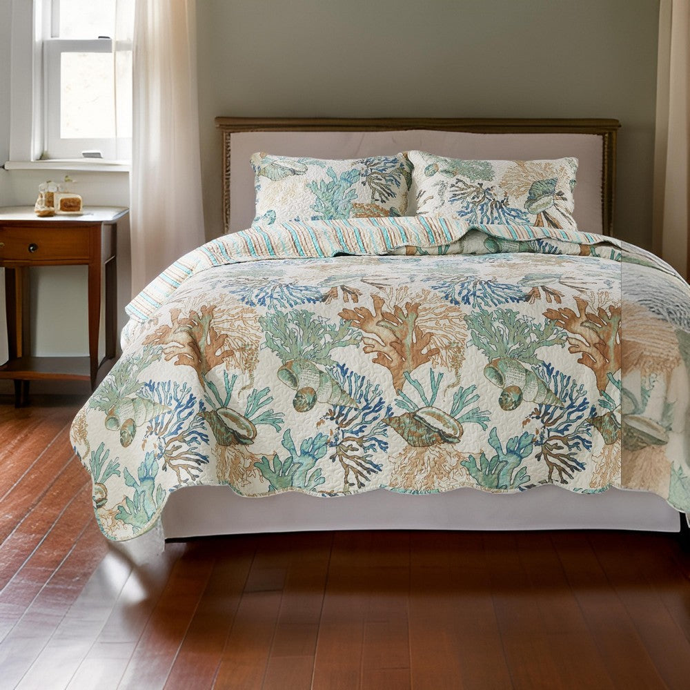 Wade 3pc King Size Quilt Set Sham Jade Blue Coastal Microfiber Cotton By Casagear Home BM319704