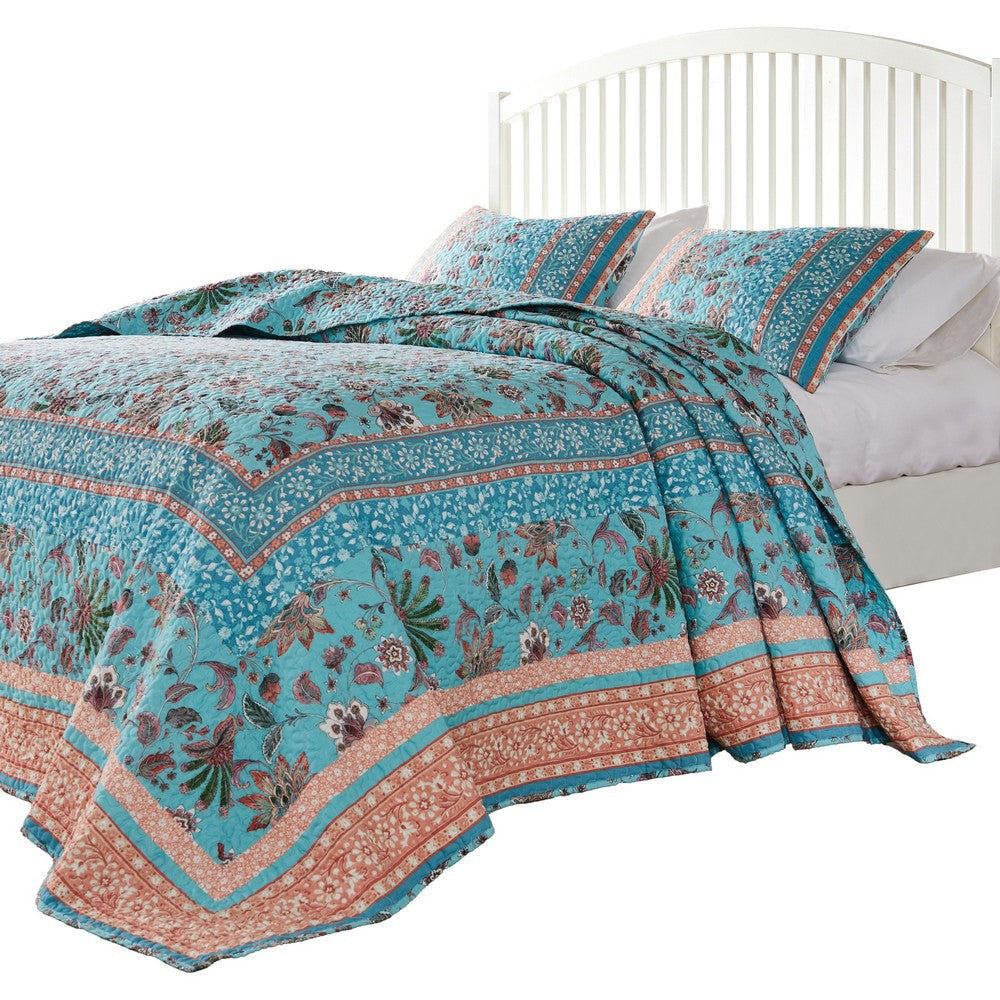 Dill 3pc King Bedspread Set Turquoise Green Floral Microfiber Cotton By Casagear Home BM319705