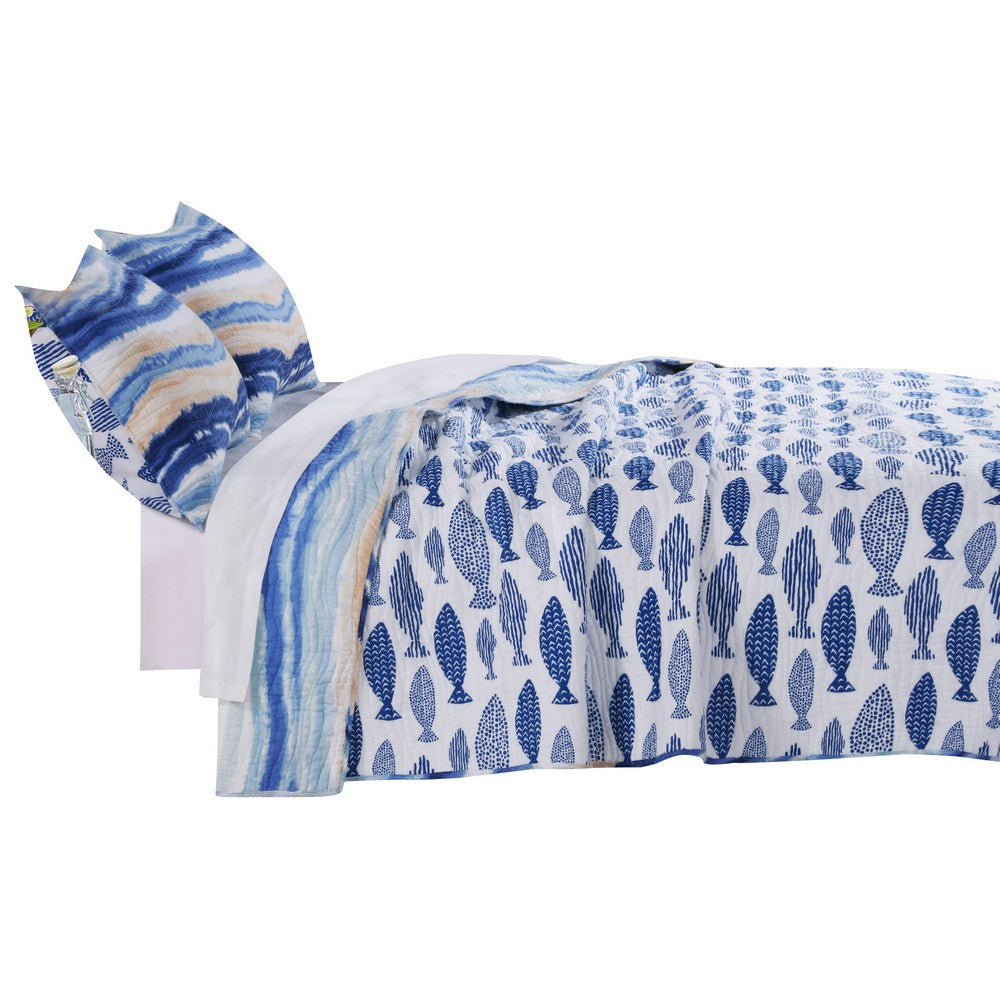 Oda 3pc King Size Quilt Set Ocean Wave Design White and Blue Microfiber By Casagear Home BM319710