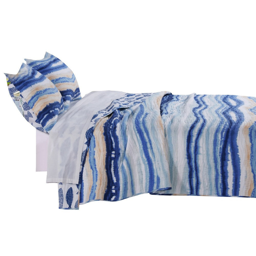 Oda 3pc King Size Quilt Set, Ocean Wave Design, White and Blue Microfiber By Casagear Home