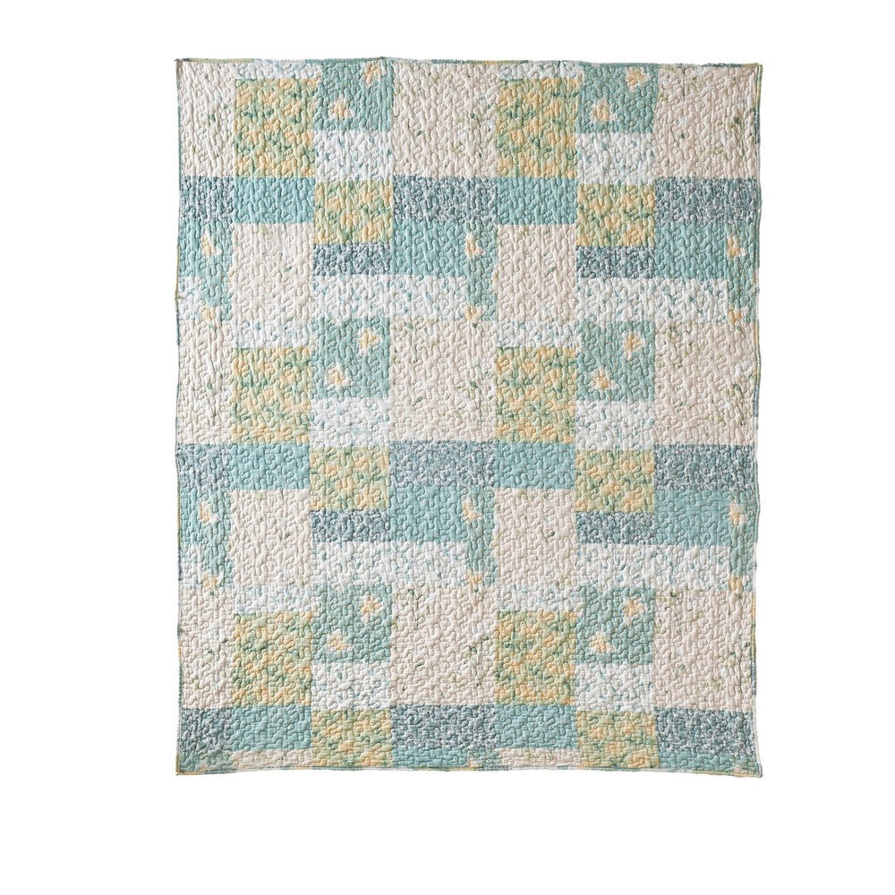 Evane Quilted Throw Blanket with Floral Design Mist Blue and White Cotton By Casagear Home BM319711