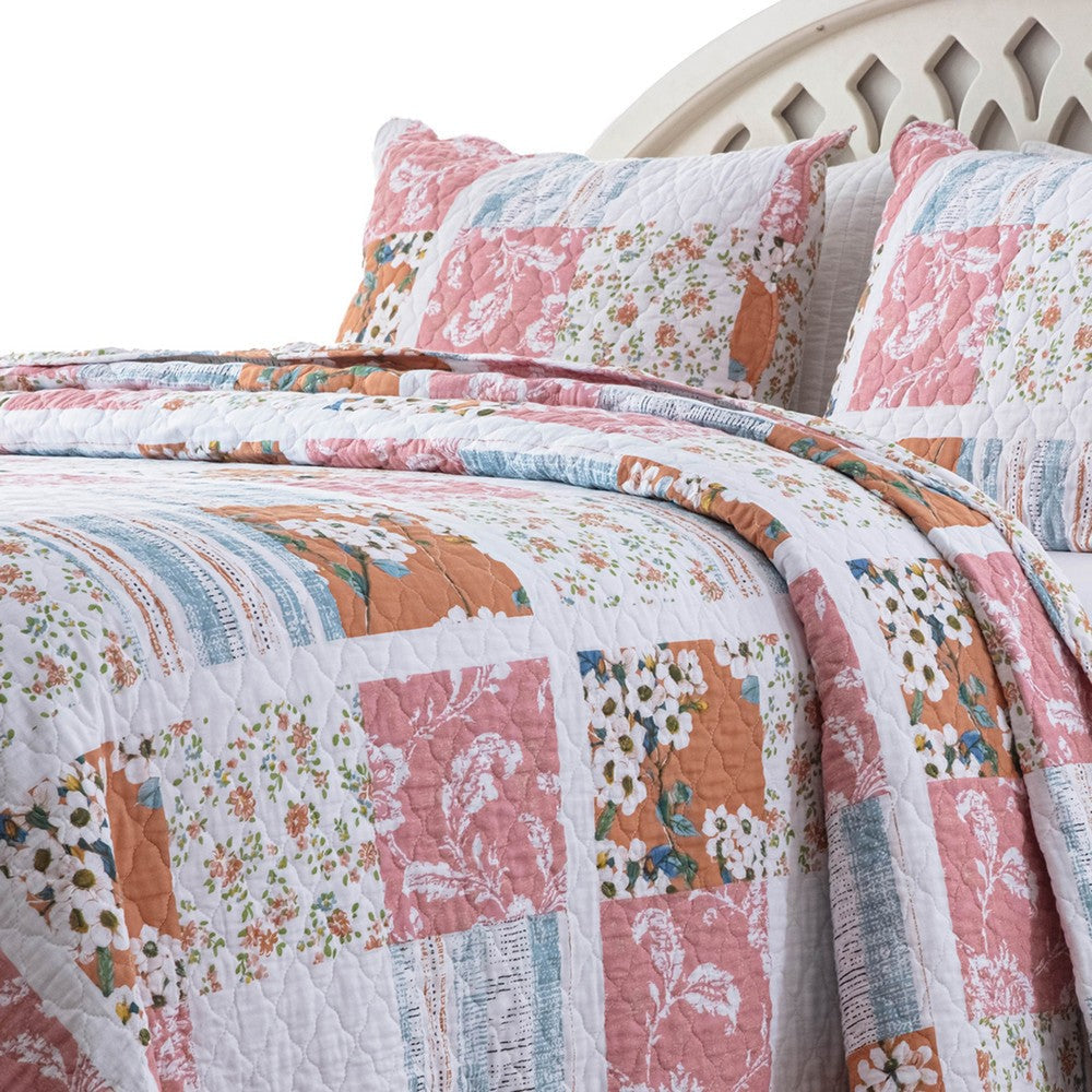 Vanie 3pc Full/Queen Quilt Set Scalloped Edges Blue White Pink Cotton By Casagear Home BM319715