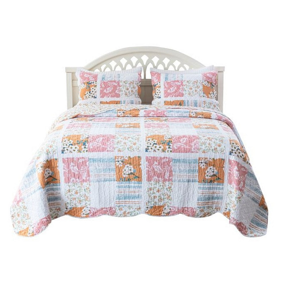 Vanie 3pc Full/Queen Quilt Set, Scalloped Edges, Blue White Pink Cotton By Casagear Home