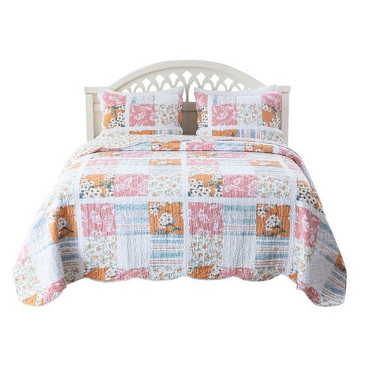 Vanie 3pc Full/Queen Quilt Set, Scalloped Edges, Blue White Pink Cotton By Casagear Home