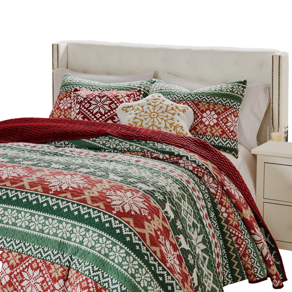 Reindeer 3pc Full/Queen Quilt Set Dutch Velvet Back Red Green Christmas By Casagear Home BM319717