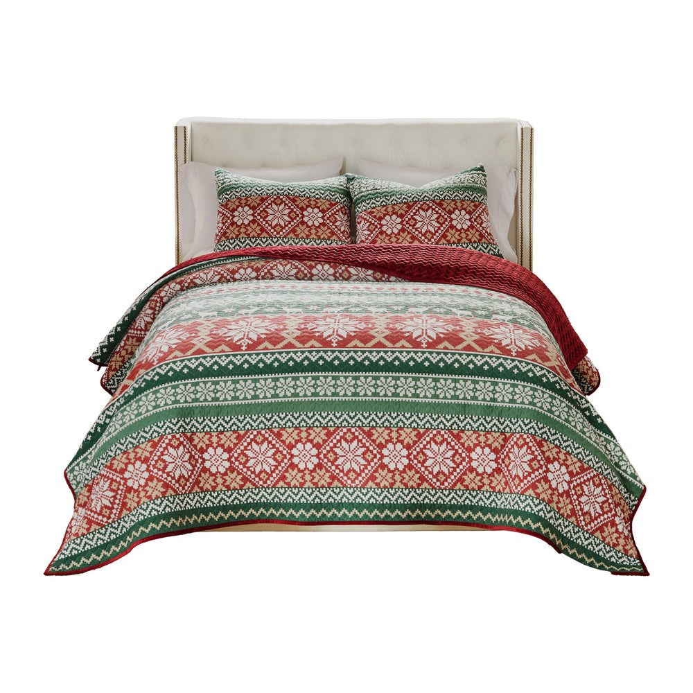 Reindeer 3pc Full/Queen Quilt Set, Dutch Velvet Back, Red, Green Christmas By Casagear Home