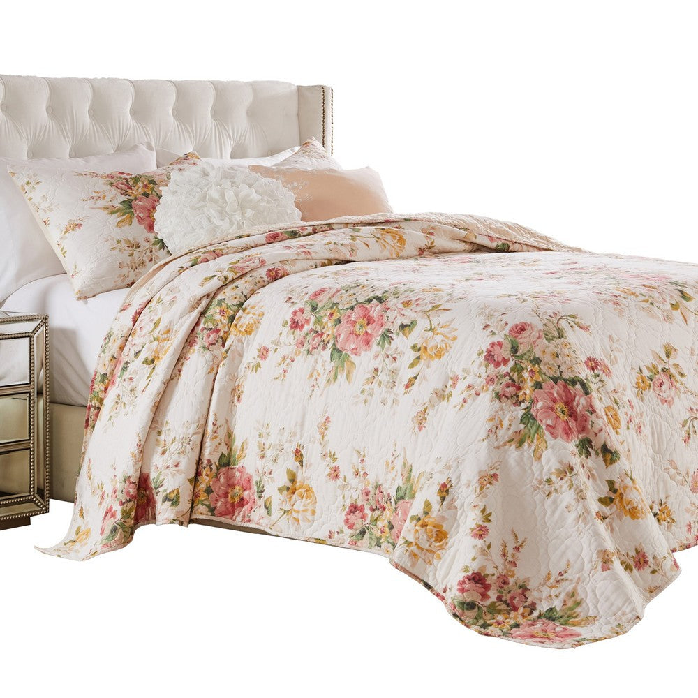 Givi 3pc Full/Queen Quilt Set Floral Pattern Beige Buttercup Cotton By Casagear Home BM319721