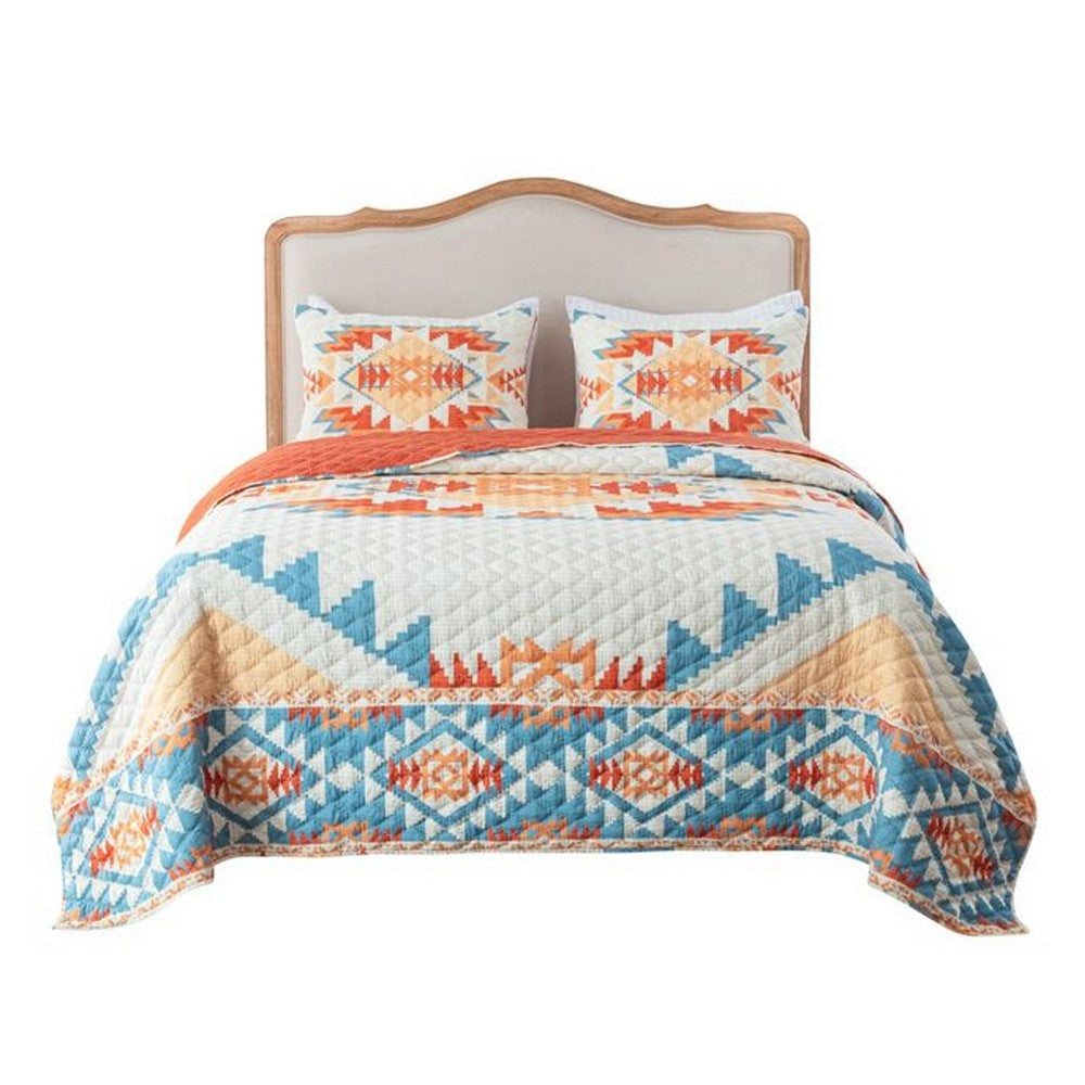 Izon 3pc Full/Queen Quilt Set, Diamond Tuft Turquoise Blue and Orange By Casagear Home