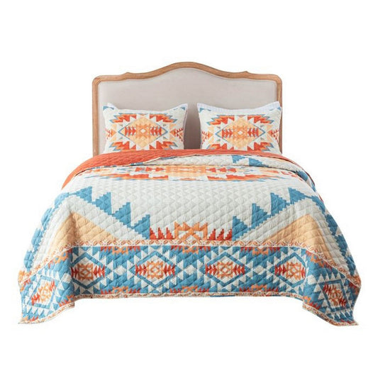 Izon 3pc Full/Queen Quilt Set, Diamond Tuft Turquoise Blue and Orange By Casagear Home