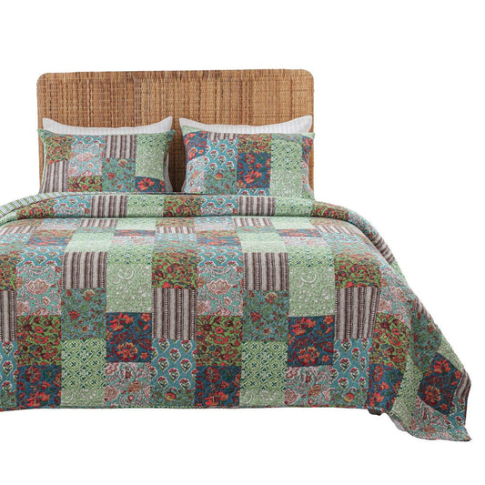 Aby 3pc Full/Queen Quilt Set, Reversible Patchwork, Jade Green Cotton By Casagear Home