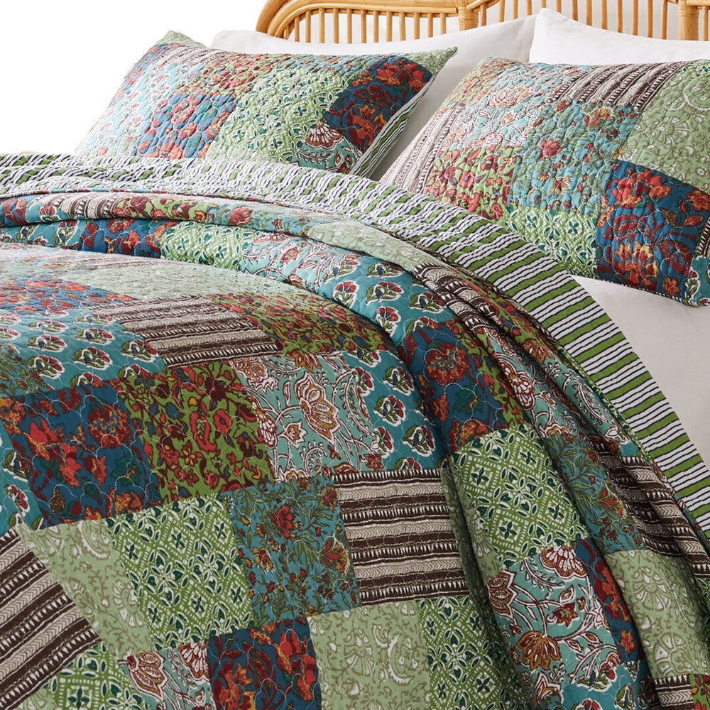 Aby 3pc King Quilt Set Reversible Patchwork Jade Green Cotton Microfiber By Casagear Home BM319726