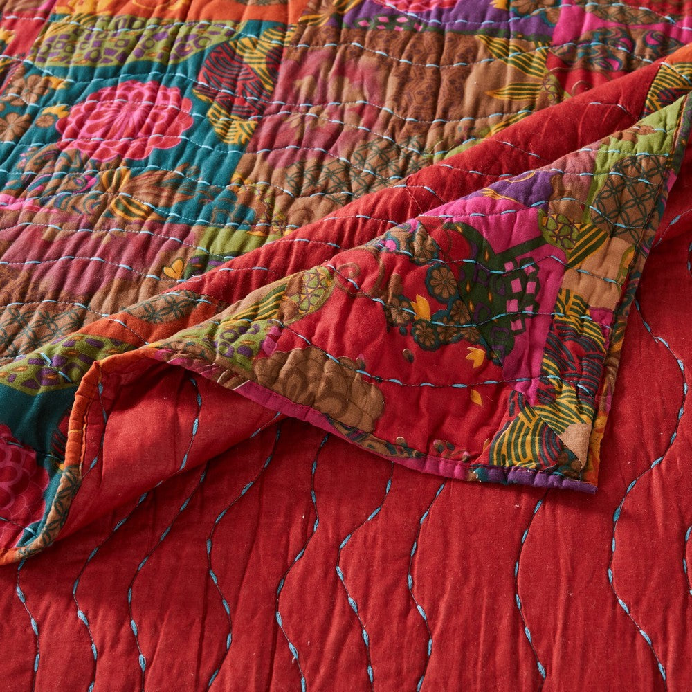 Lewi 3pc King Quilt Set Kantha Style Dark Red Floral Cotton Microfiber By Casagear Home BM319727