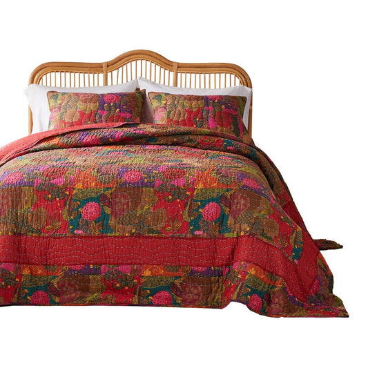 Lewi 3pc King Quilt Set, Kantha Style Dark Red Floral Cotton Microfiber By Casagear Home