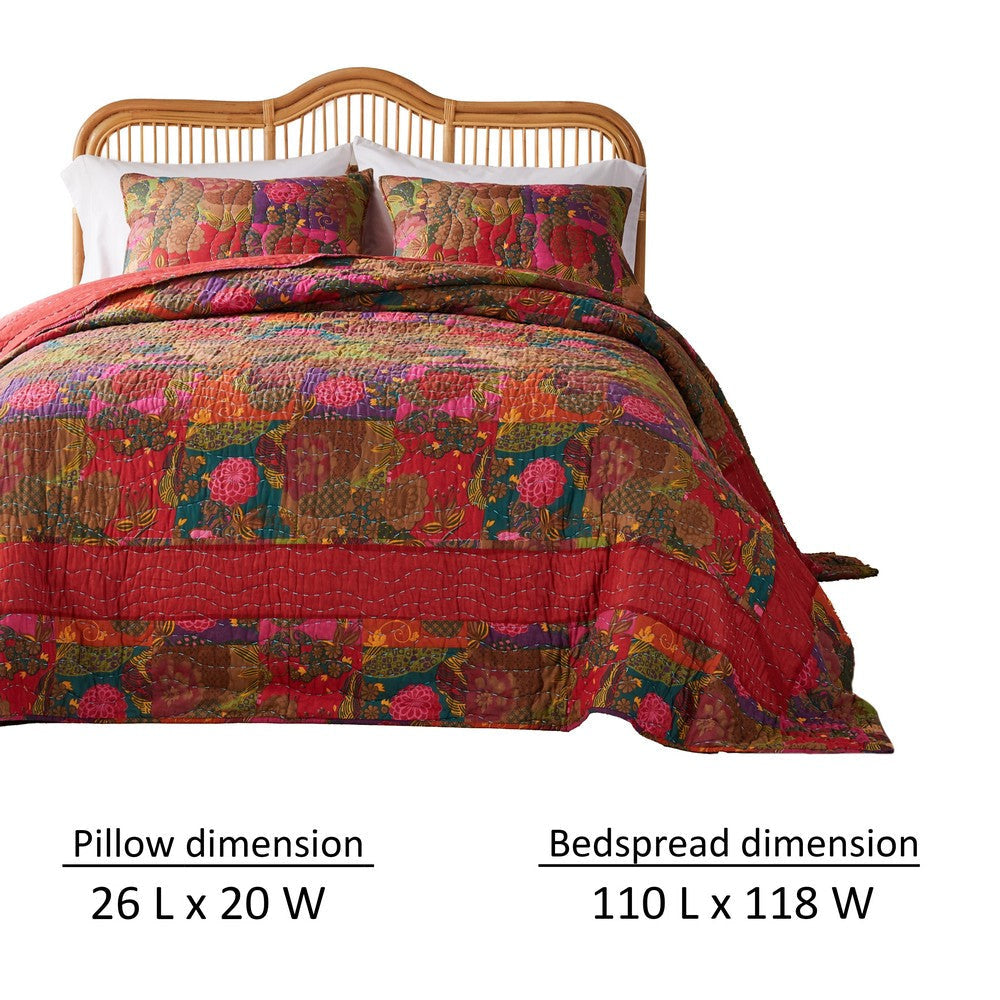 Lewi 3pc Queen Quilt Set Floral Kantha Style Dark Red Floral Cotton By Casagear Home BM319728