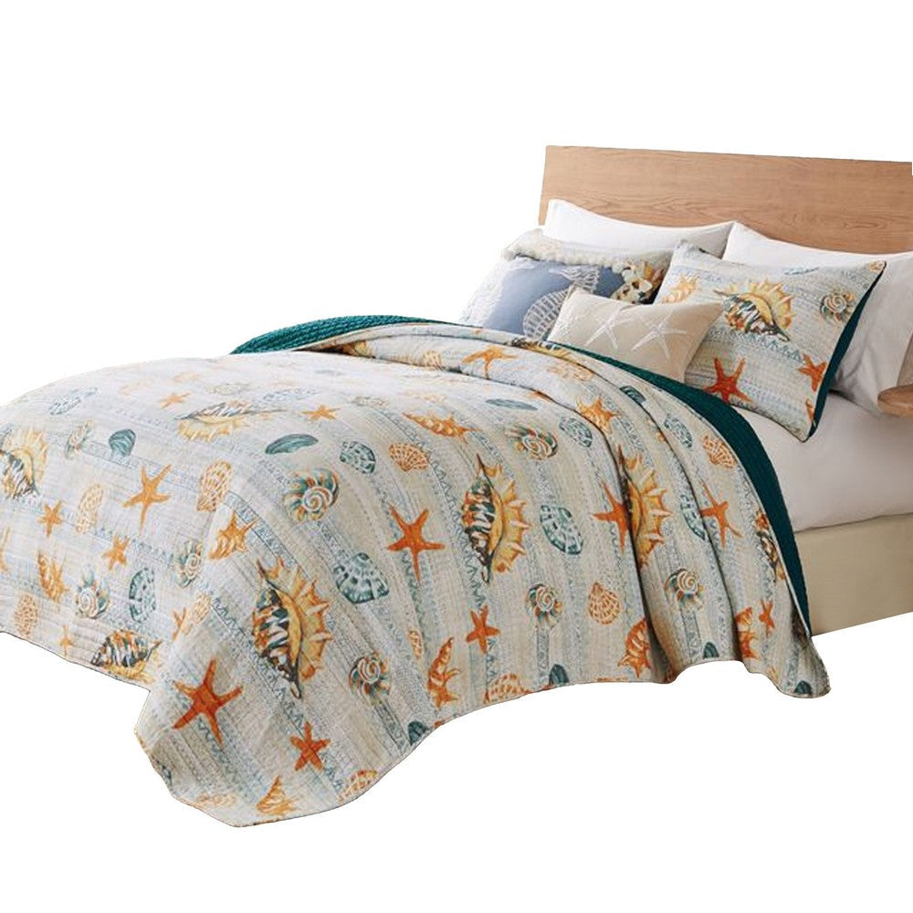 Carie 3pc Full/Queen Quilt Set Coastal Seashells Blue Cotton Microfiber By Casagear Home BM319732