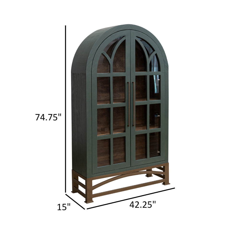 Oby 75 Inch Accent Cabinet Arched Glass Door Bronze Metal Base Green By Casagear Home BM319738