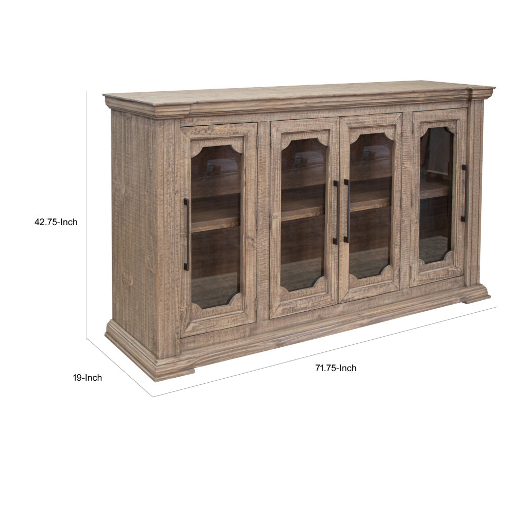 Tren 72 Inch Sideboard Buffet Console 4 Glass Doors Greek Inspired Brown By Casagear Home BM319740