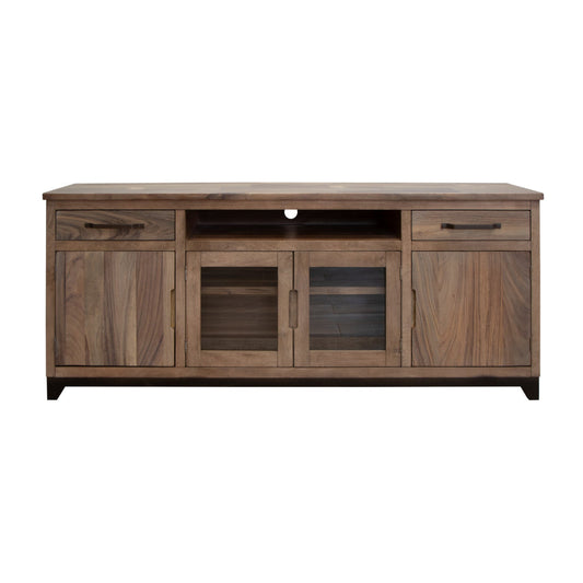 Umey 80 Inch TV Media Console, Open Center Shelf, 2 Doors, Brown Solid Wood By Casagear Home