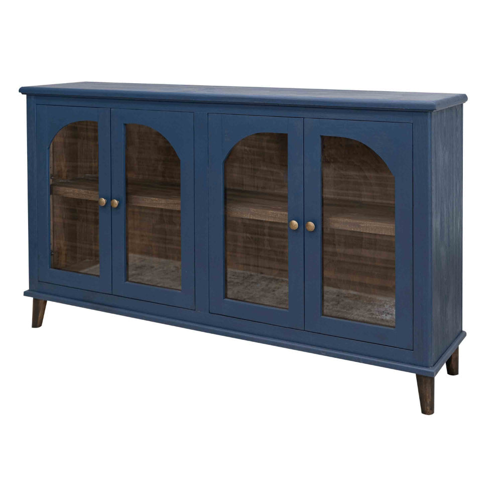 Nove 71 Inch Buffet Console Gold Metal Knobs Arch Doors Blue Solid Wood By Casagear Home BM319756