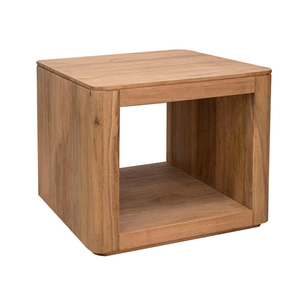 Gena Side End Table, 27 Inch Top with Bottom Shelf, Brown Solid Mango Wood By Casagear Home