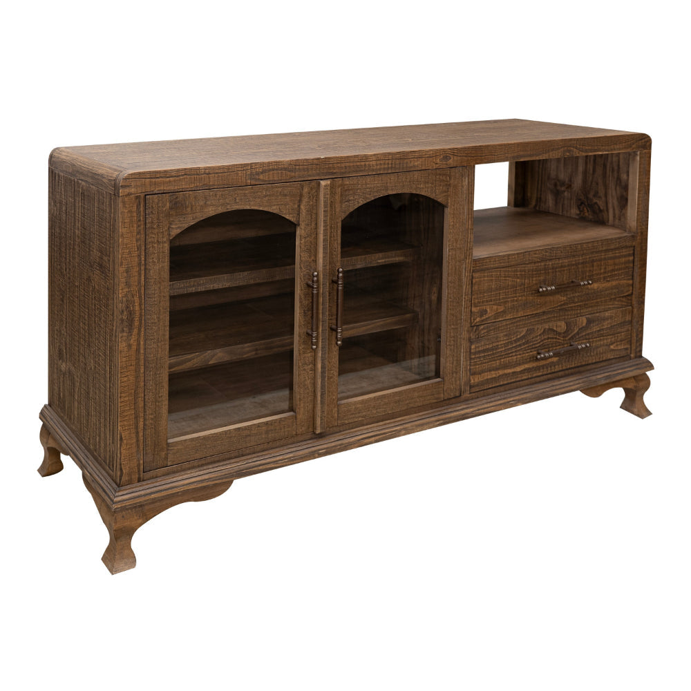 Lete 72 Inch Sideboard Console, 2 Glass Doors, Drawers, Brown Solid Wood By Casagear Home