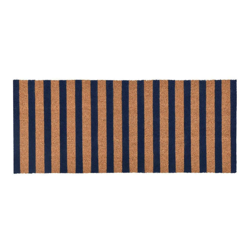 Gena 24 x 57 Doormat, Woven Striped Pattern, Blue Brown Coir, Non Slip Back By Casagear Home