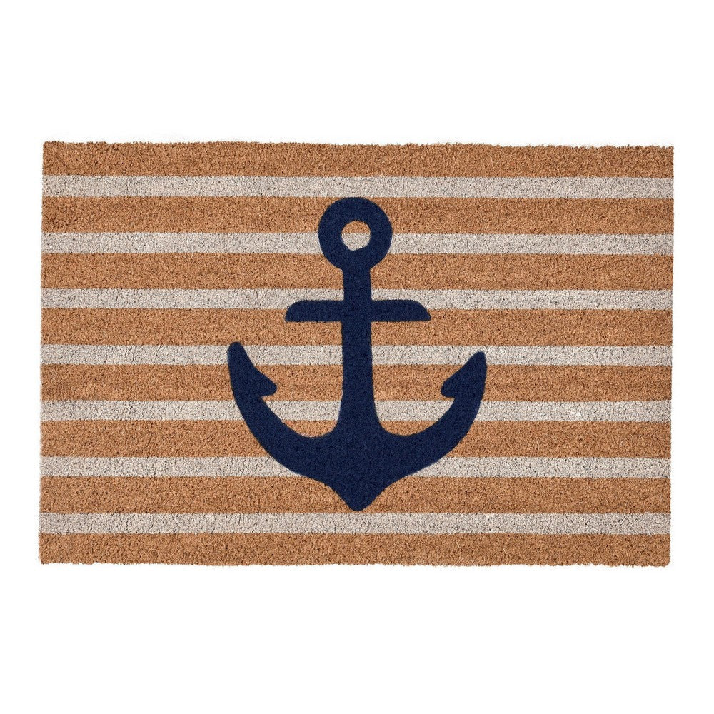 Styn 24 x 36 Doormat Coir Nonslip Back, Striped Pattern, Anchor Print, Navy By Casagear Home